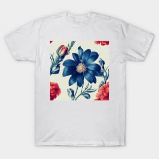 Vintage Floral Romantic Blue and Red Flower Design T-Shirt